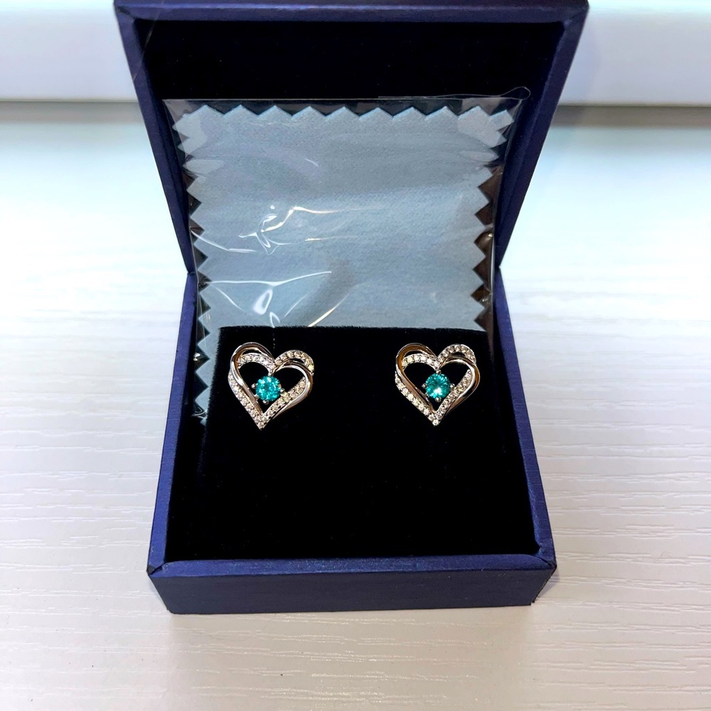 New turquoise with CZ diamond sterling silver heart earrings NIB